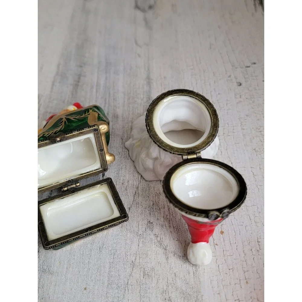 Vintage‎ mini trinket box santa claus face bear sled figure xmas
